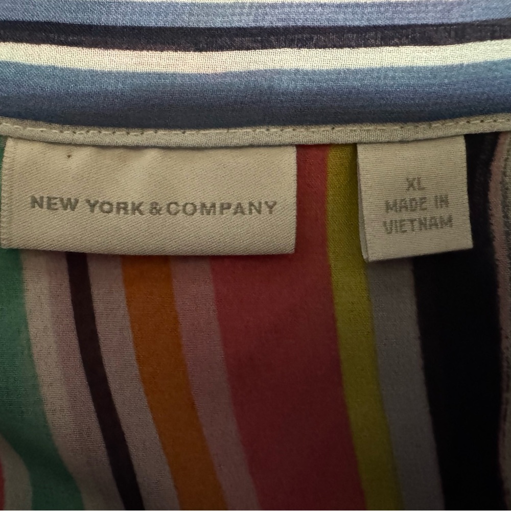 New York & Company Rainbow Sheer Vertical Stripes Tie-Neck Blouse | Size XL - Picture 2 of 16